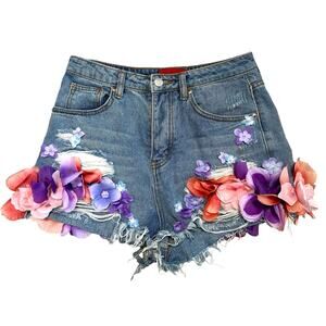 Signature 8 Rare Cut-Off Denim Shorts With Large Faux Flowers Small Festival